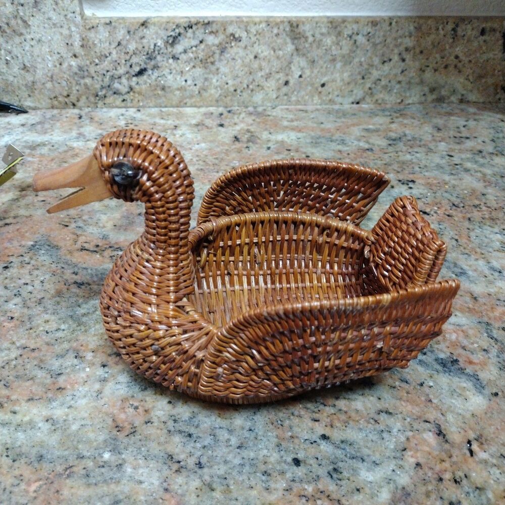 Vintage Duck Shaped Woven Rattan Wicker Basket Planter Wooden Beak Cottage
